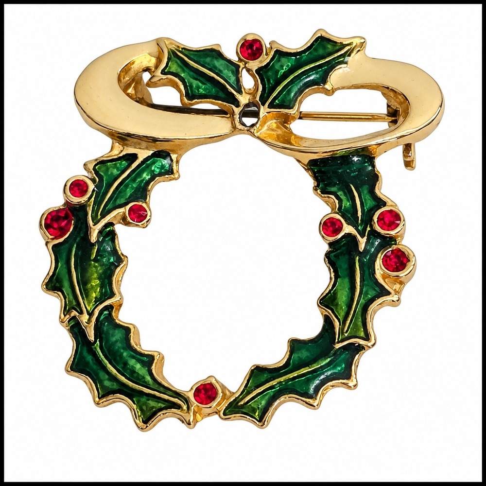 Vintage Christmas Wreath Brooch Gold Tone Green Enamel Red Rhinestone Holly Bow